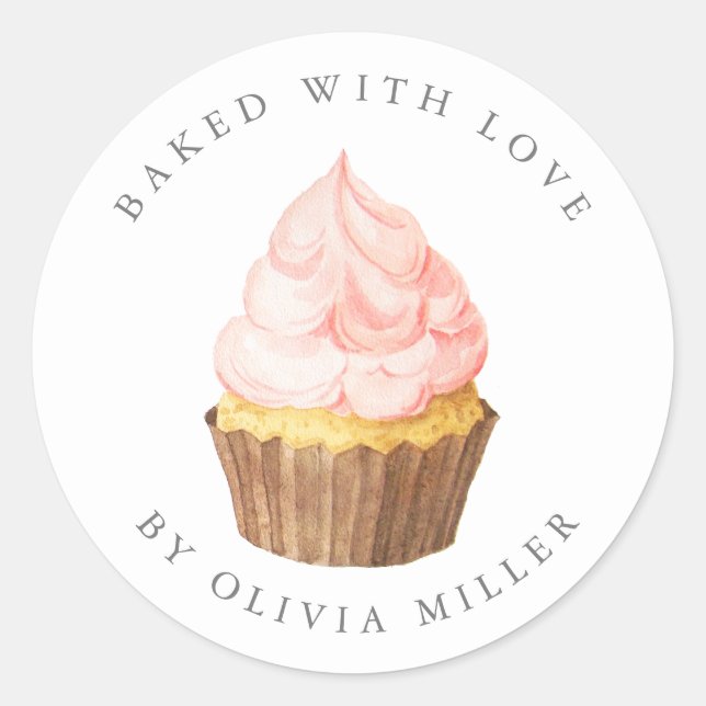 Baked With Love Elegant Pink Cupcake Sticker (Front)