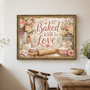 Baked With Love Floral Farmhouse Kitchen Wall Art 