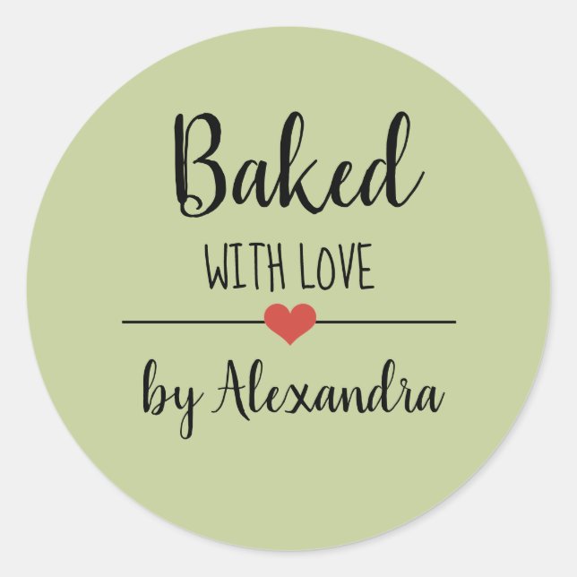 Baked with love green script name  classic round sticker (Front)