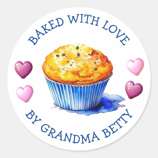 Baked with Love, Handmade Blueberry Muffins Classic Round Sticker (Front)