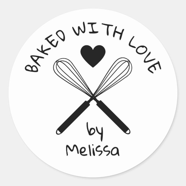 Baked With Love Kitchen Whisk Black And White Classic Round Sticker (Front)
