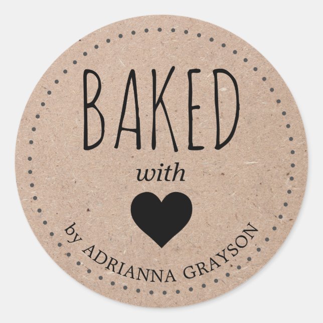 Baked With Love Kraft Paper Heart Classic Round Sticker (Front)