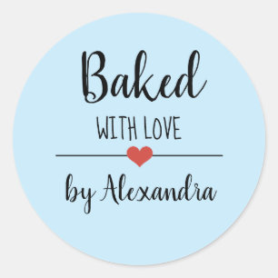 Baked with love light blue script name  classic round sticker