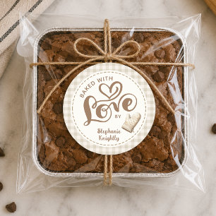 Baked With Love Neutral Gingham Personalized Classic Round Sticker