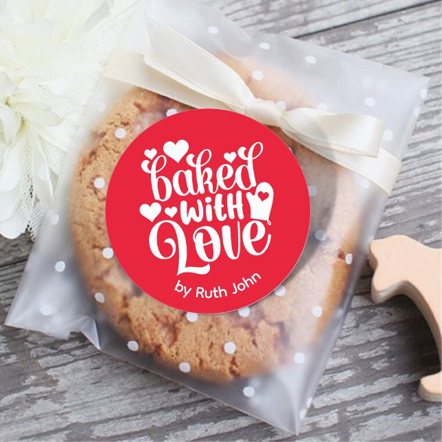 Baked With Love Personalized Holiday Red Baking Classic Round Sticker (Creator Uploaded)