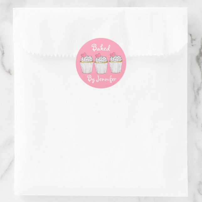 Baked with Love Personalized Pink Cupcake Heart Classic Round Sticker (Bag)