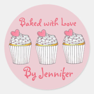 Baked with Love Personalized Pink Cupcake Heart Classic Round Sticker