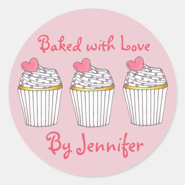 Baked with Love Personalized Pink Cupcake Heart Classic Round Sticker (Front)