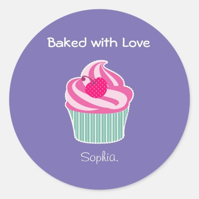 Baked With Love. Pink Cupcake and Polka Dot Cherry Classic Round Sticker (Front)