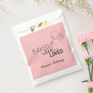 Baked with love pink handwriting favour bag