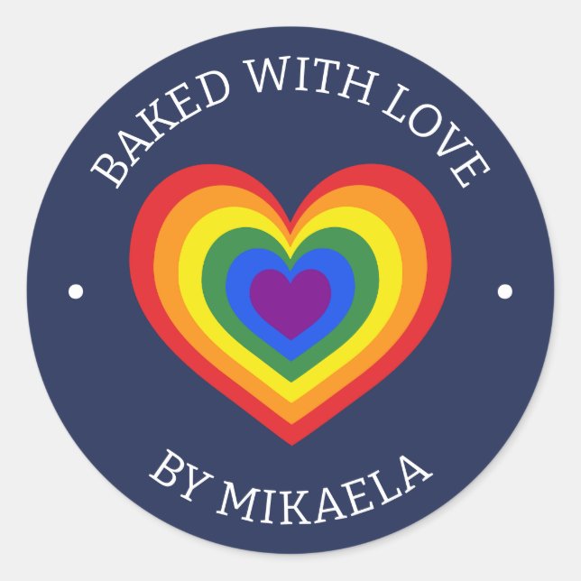 Baked With Love Rainbow Heart Custom Name Navy Classic Round Sticker (Front)