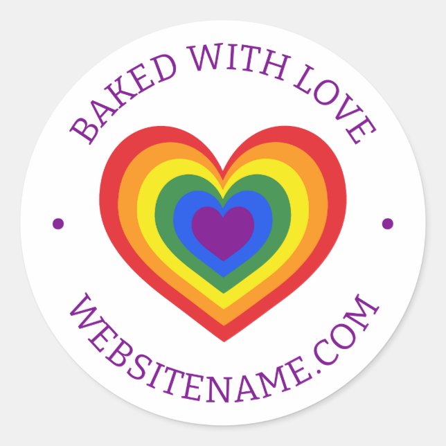 Baked With Love Rainbow Heart Custom Website Classic Round Sticker (Front)