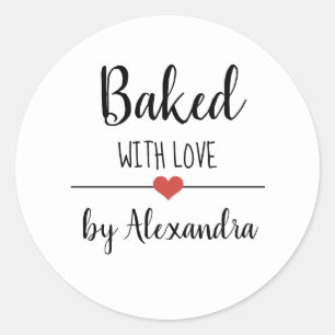 Baked with love white script name  classic round s sticker