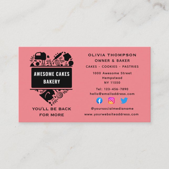 Baker Bakery Cakes Cookies Pastry Chef Pink Black Business Card (Front)