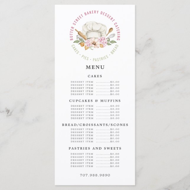 Baker Bakery Watercolor Bakers Tools Utensils Menu (Front)