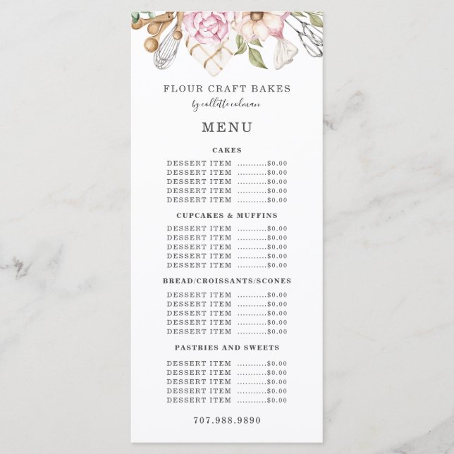 Baker Bakery Watercolor Bakers Tools Utensils Menu (Front)