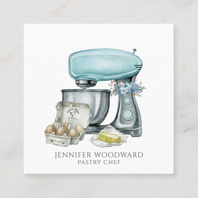 Baker Baking Watercolor Pastry Chef Square Business Card (Front)