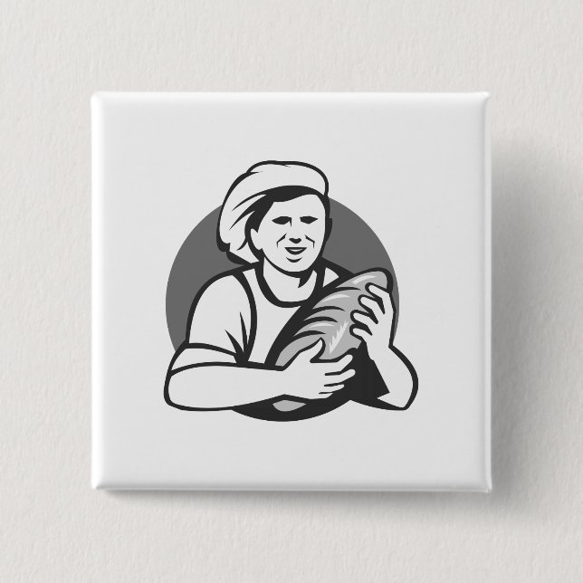 Baker Holding Bread Loaf Grayscale Retro 2 Inch Square Button (Front)
