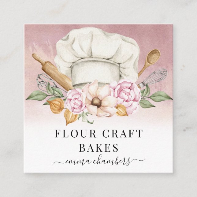 Baker Pastry Chef Bakers Tools Dusty Pink Square Business Card (Front)