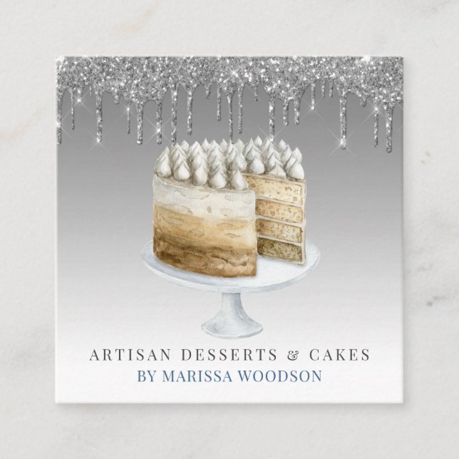 Baker Pastry Chef Cake Silver Glitter Drips Square Business Card (Front)