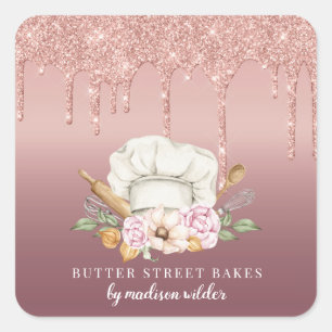 Baker Pastry Chef Rose Gold Glitter Drips Product Square Sticker