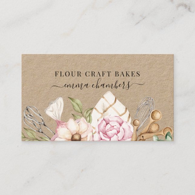 Baker Pastry Chef Watercolor Bakers Tools Kraft Business Card (Front)