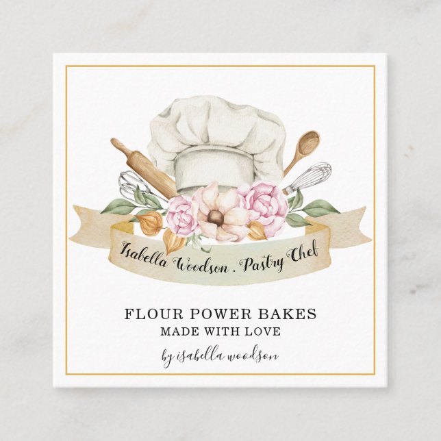 Baker Pastry Chef Watercolor Bakers Tools Square  Business Card (Front)