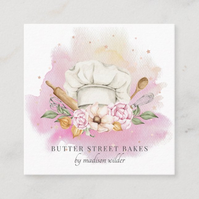 Baker Pastry Chef Watercolor Bakery  Square Business Card (Front)