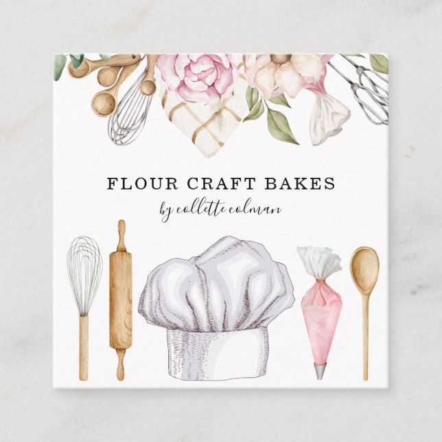 Baker Pastry Chef Watercolor Baking Tools  Square Business Card (Front)