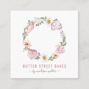 Baker Pastry Chef Watercolor Baking Utensil Floral Square Business Card