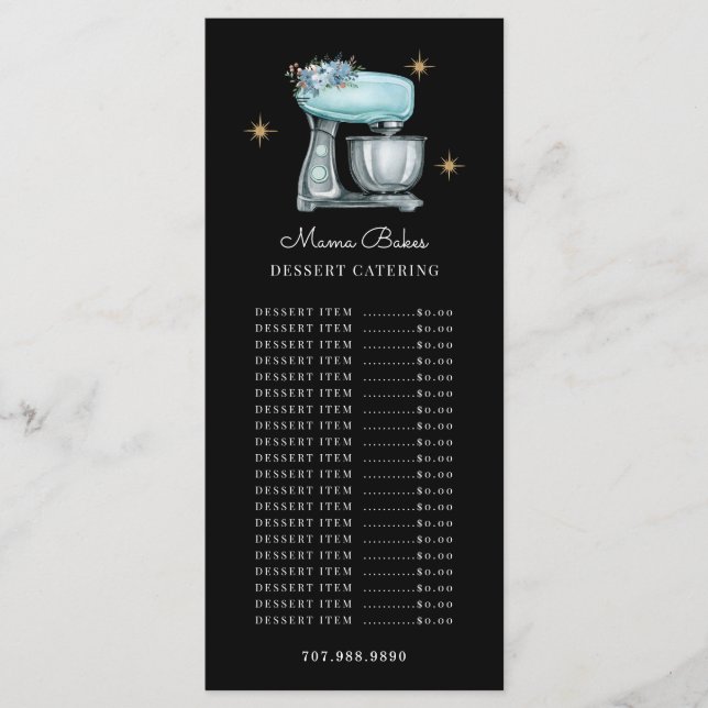 Baker Pastry Chef Watercolor Baking Utensils Black Menu (Front)