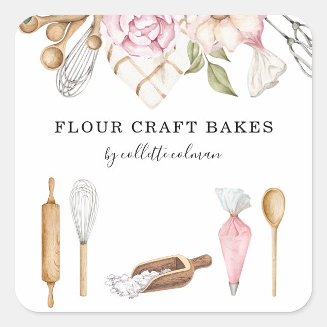 Baker Pastry Chef Watercolor Floral Tools Square Sticker (Front)