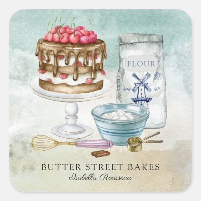 Baker Pastry Chef  Watercolor Square Business Card Sticker (Front)