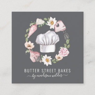 Baker Pastry Chef Watercolor Utensils Floral Square Business Card