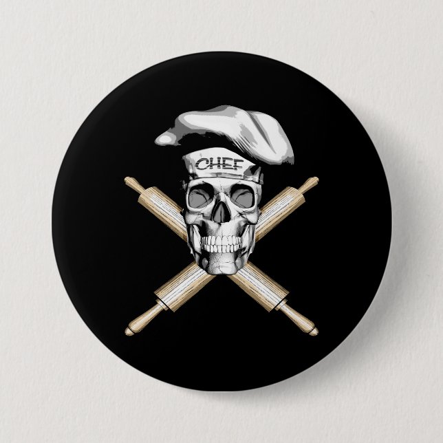 Baker Skull and Rolling Pins: White 3 Inch Round Button (Front)