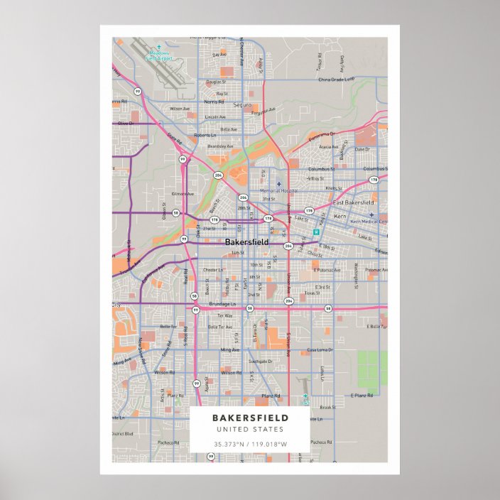 Bakersfield, CA, USA Street Map with Coordinates Poster | Zazzle.ca