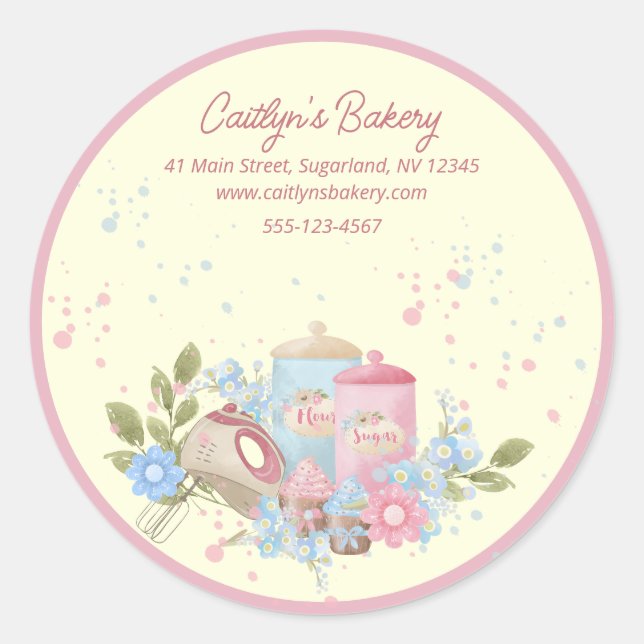 Bakery and Pastry Shop Personalized Pink Edge Classic Round Sticker (Front)