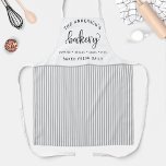 Bakery, Bake Fresh Daily White and Grey Stripes Apron<br><div class="desc">Make this beautiful apron your own by adding your own name,  family name or company name,  as well as two more personalized ares for your text.Design with gorgeous "Bakery" script in hand written calligraphy and white and grey stripe pattern. Great custom gift idea!</div>