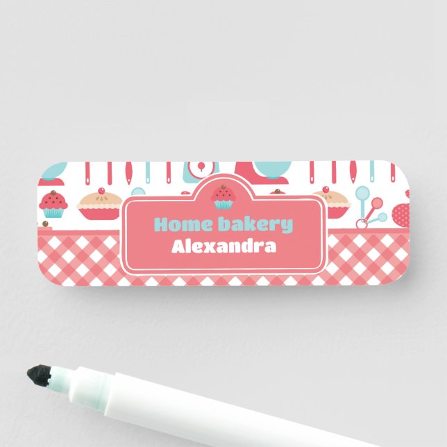 Bakery Baking Utensils Red Gingham  Name Tag (In Situ)