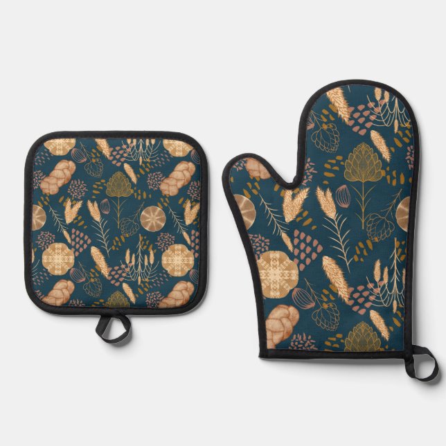 Bakery Bliss: Artisan Bread & Barley, Teal Oven Mitt & Pot Holder Set (Front)