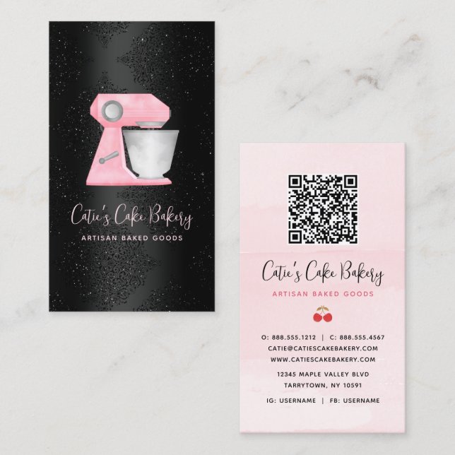 Bakery Blush Pink Mixer QR Code on Black Damask Business Card (Front/Back)