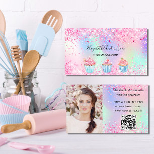 Bakery blush pink purple glitter photo QR code Business Card