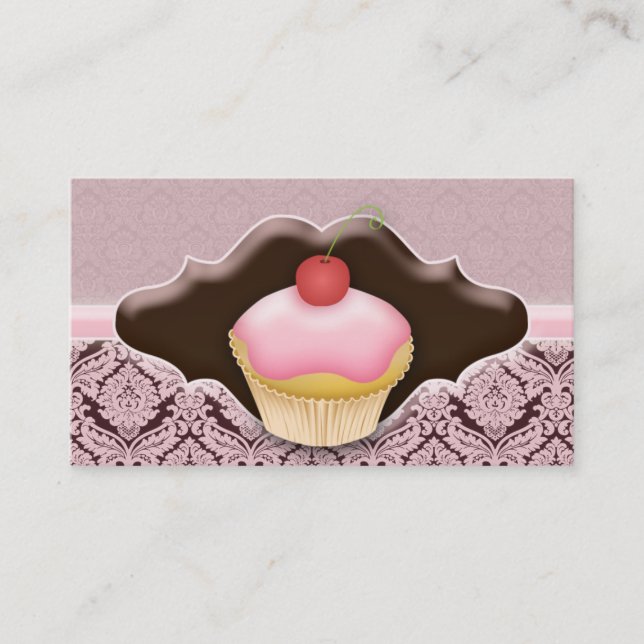 Bakery Business Card Cupcake Damask Chocolate (Front)