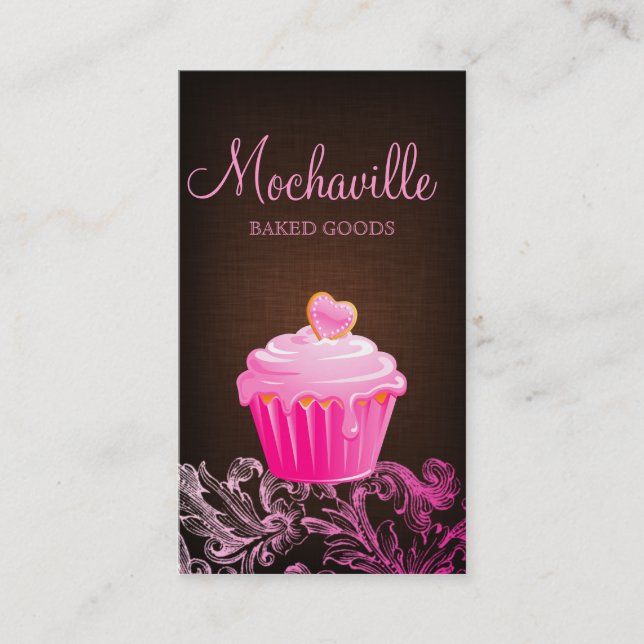 Bakery Business Card Cupcake Linen Brown Pink (Front)