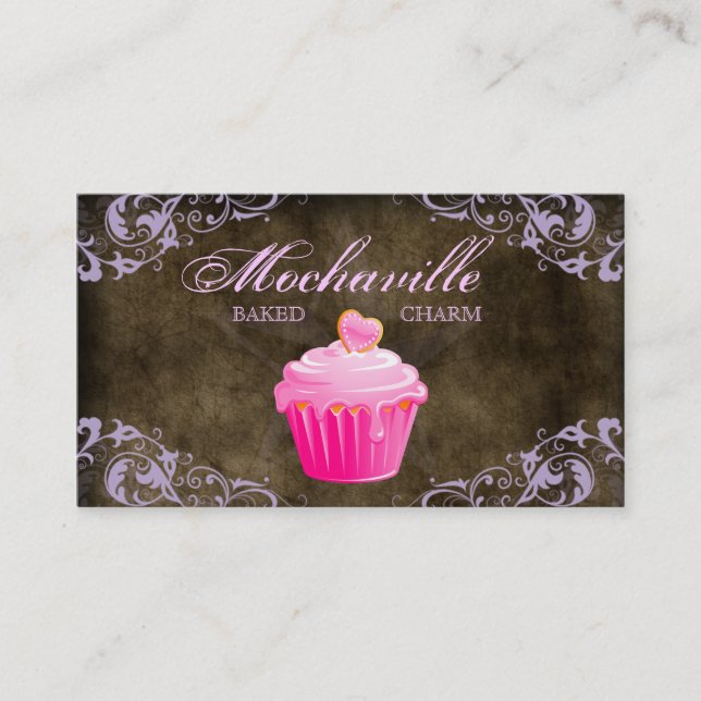 Bakery Business Card Cupcake Suede Brown Purple (Front)