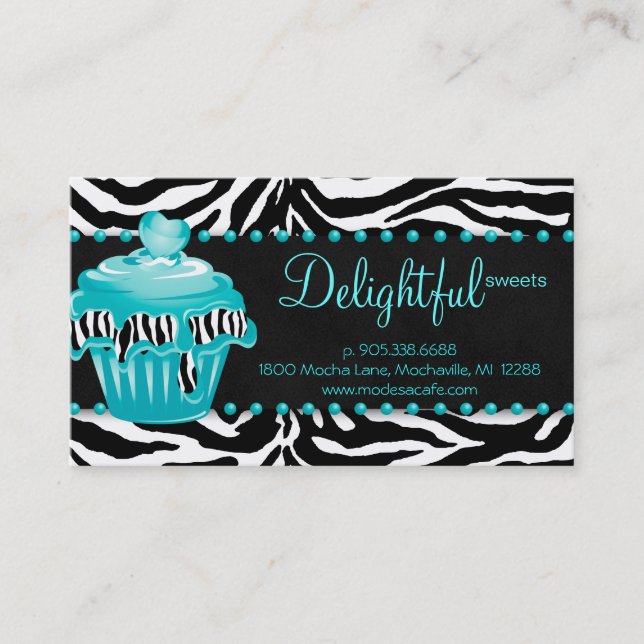 Bakery Business Card Zebra Blue Cupcake Heart Dots (Front)