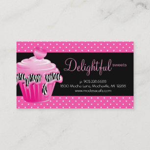 Bakery Business Card Zebra Dots Pink Cupcake Heart