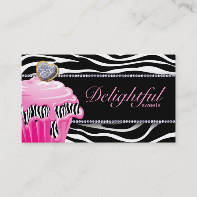 Bakery Business Card Zebra Pink Cupcake Silver (Front)
