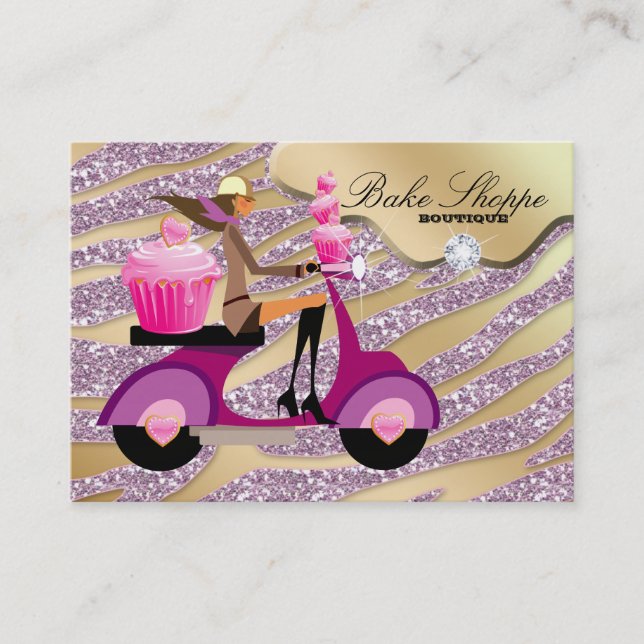 Bakery Business Card Zebra Pink Gold Sparkle (Front)