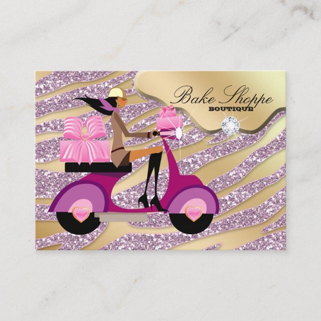 Bakery Business Card Zebra Pink Gold Sparkle Boxes (Front)